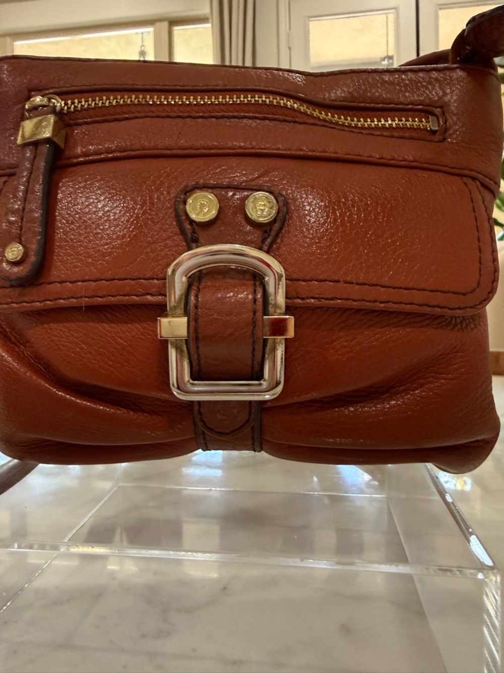 Italian  Compact Brown Leather Crossbody with Buckle Accent